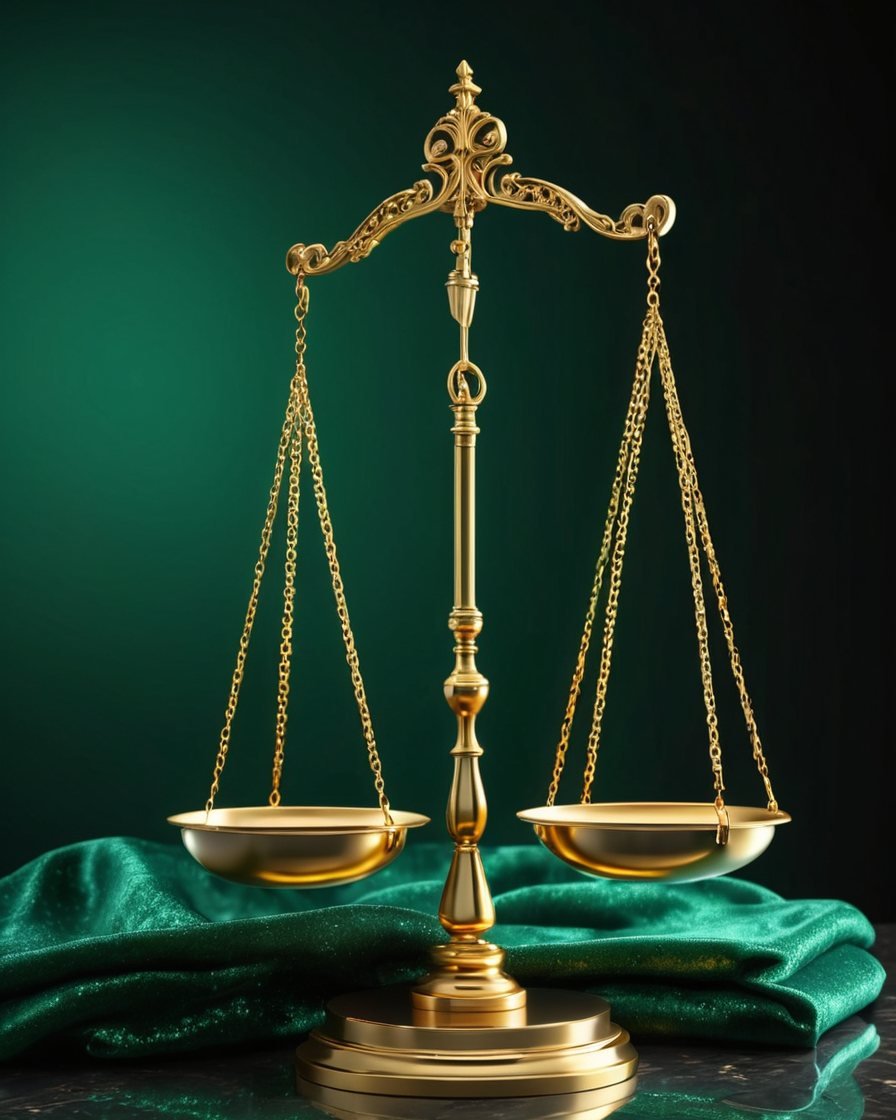 Golden scales of justice on a green backdrop — free legal consultation with code WATAN